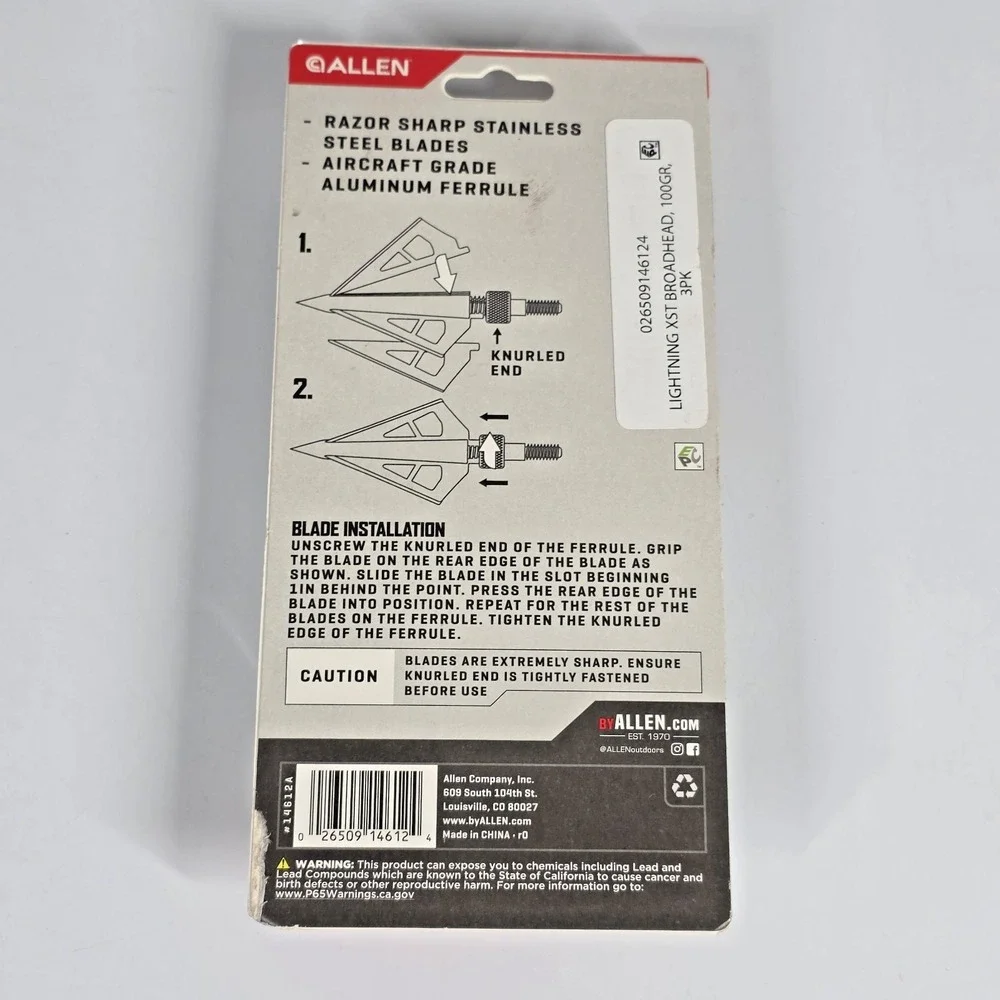 Allen Lightning Broadhead 1 1/16 Bow & Cross Bow Arrow Heads 100 Grain